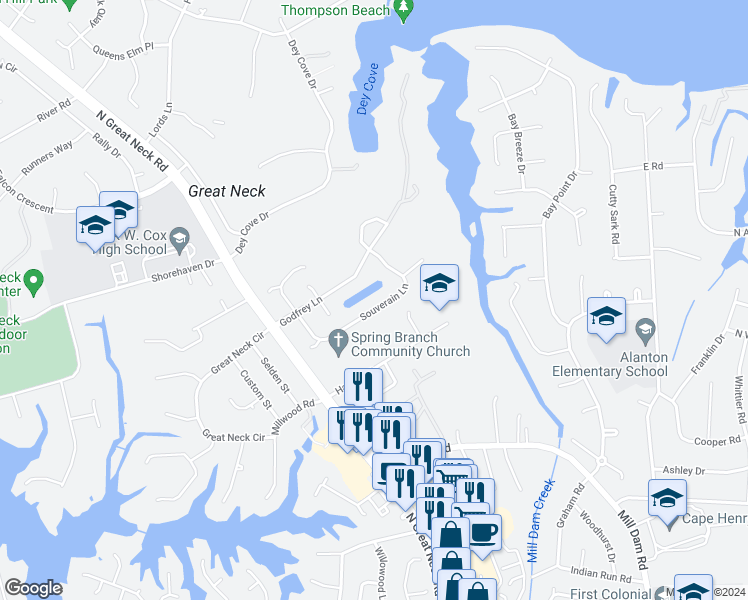 map of restaurants, bars, coffee shops, grocery stores, and more near 2248 Souverain Lane in Virginia Beach