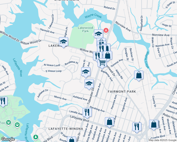 map of restaurants, bars, coffee shops, grocery stores, and more near 3508 Pomroy Avenue in Norfolk
