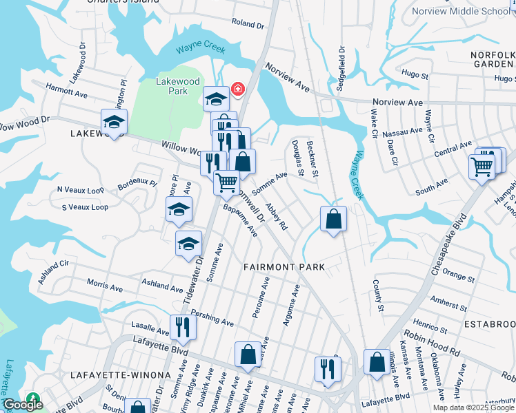 map of restaurants, bars, coffee shops, grocery stores, and more near 2106 Cromwell Drive in Norfolk