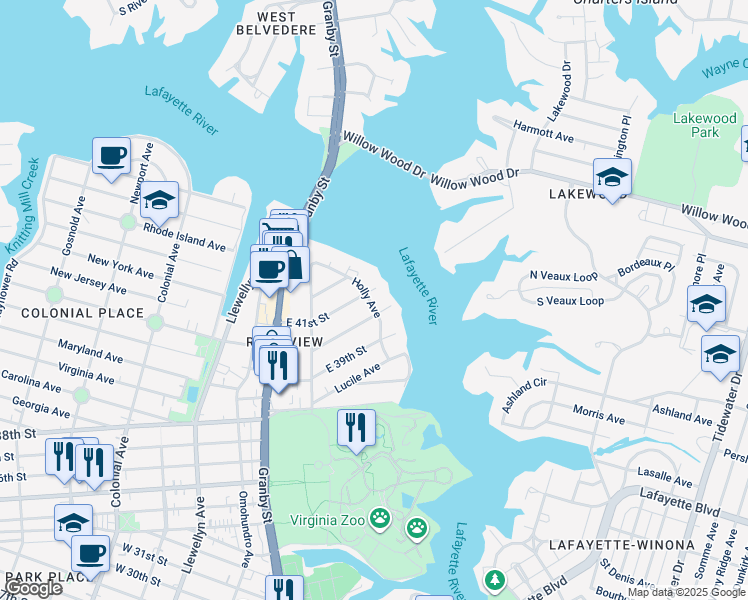 map of restaurants, bars, coffee shops, grocery stores, and more near 4010 Holly Avenue in Norfolk