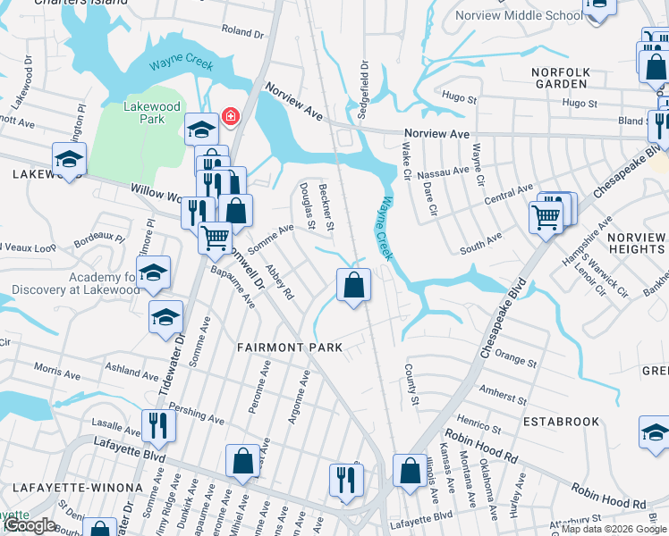 map of restaurants, bars, coffee shops, grocery stores, and more near 3559 Brest Avenue in Norfolk