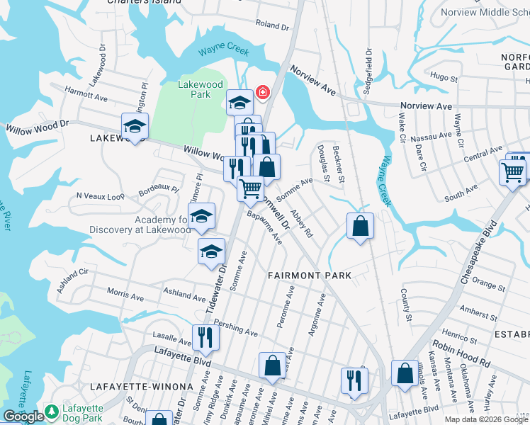 map of restaurants, bars, coffee shops, grocery stores, and more near 3530 Tidewater Drive in Norfolk