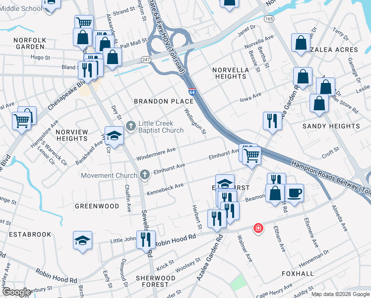 map of restaurants, bars, coffee shops, grocery stores, and more near 5113 Windermere Avenue in Norfolk
