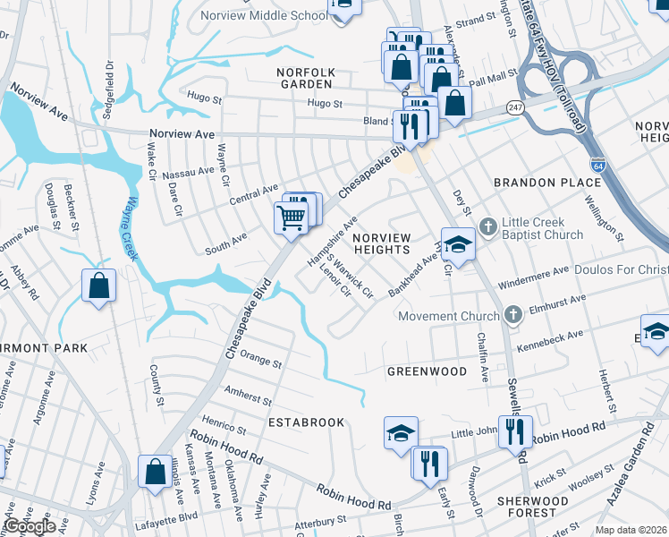 map of restaurants, bars, coffee shops, grocery stores, and more near 3616 South Warwick Circle in Norfolk