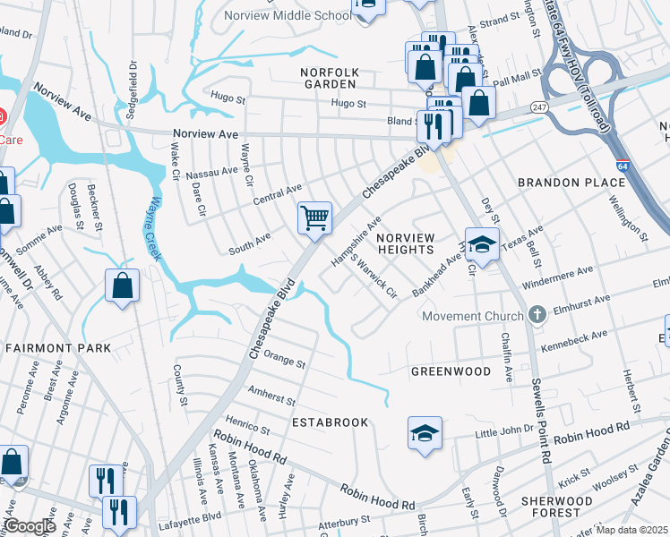 map of restaurants, bars, coffee shops, grocery stores, and more near 4550 Hampshire Avenue in Norfolk