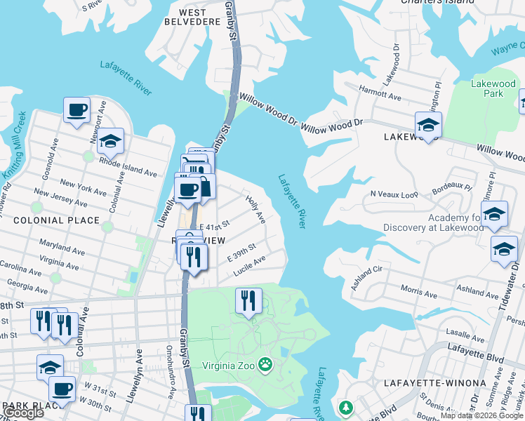map of restaurants, bars, coffee shops, grocery stores, and more near 4101 Holly Avenue in Norfolk
