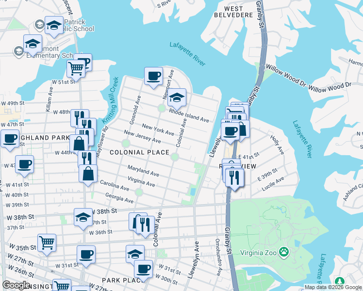 map of restaurants, bars, coffee shops, grocery stores, and more near 437 New York Avenue in Norfolk