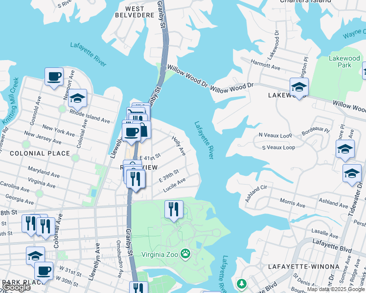 map of restaurants, bars, coffee shops, grocery stores, and more near 4101 Holly Avenue in Norfolk
