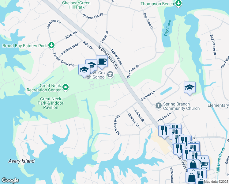 map of restaurants, bars, coffee shops, grocery stores, and more near 1500 Front Cove Court in Virginia Beach