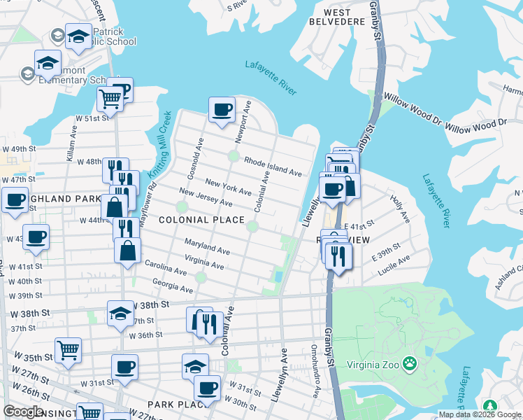 map of restaurants, bars, coffee shops, grocery stores, and more near 437 New York Avenue in Norfolk