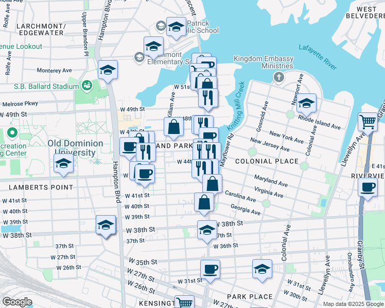 map of restaurants, bars, coffee shops, grocery stores, and more near 819 West 45th Street in Norfolk