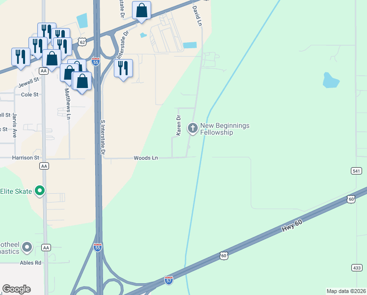 map of restaurants, bars, coffee shops, grocery stores, and more near 825 David Lane in Sikeston