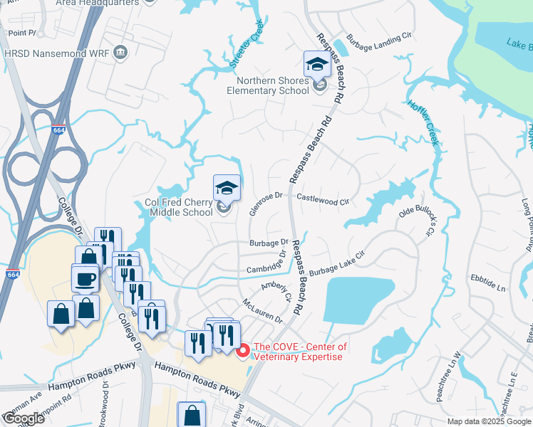map of restaurants, bars, coffee shops, grocery stores, and more near 6213 Calvert Court in Suffolk