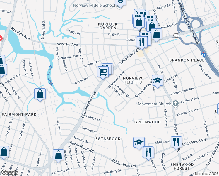 map of restaurants, bars, coffee shops, grocery stores, and more near 4550 Hampshire Avenue in Norfolk