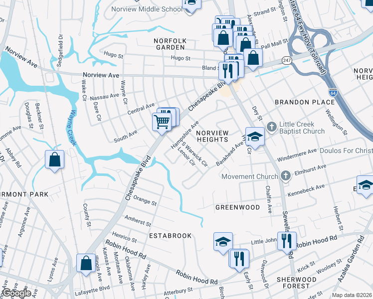 map of restaurants, bars, coffee shops, grocery stores, and more near 3616 South Warwick Circle in Norfolk