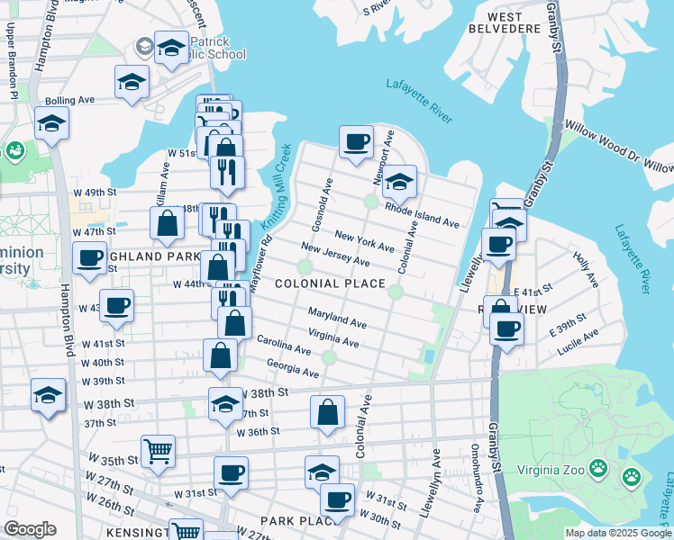 map of restaurants, bars, coffee shops, grocery stores, and more near 616 Delaware Avenue in Norfolk
