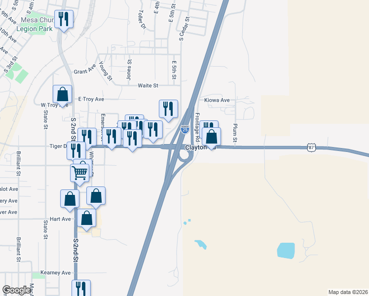 map of restaurants, bars, coffee shops, grocery stores, and more near Clayton Rd in Raton