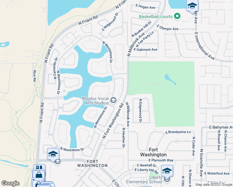 map of restaurants, bars, coffee shops, grocery stores, and more near 851 East Sparrow Court in Fresno