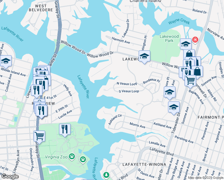 map of restaurants, bars, coffee shops, grocery stores, and more near 1401 South Veaux Loop in Norfolk