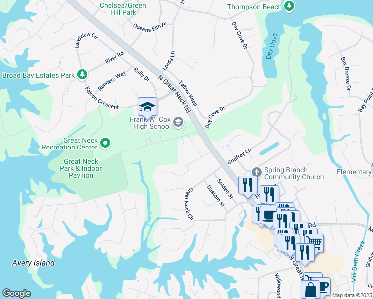 map of restaurants, bars, coffee shops, grocery stores, and more near 1500 Front Cove Court in Virginia Beach