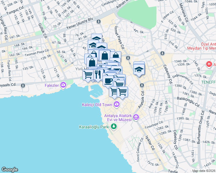 map of restaurants, bars, coffee shops, grocery stores, and more near Mermerli Sokak (Kaleiçi) in Antalya