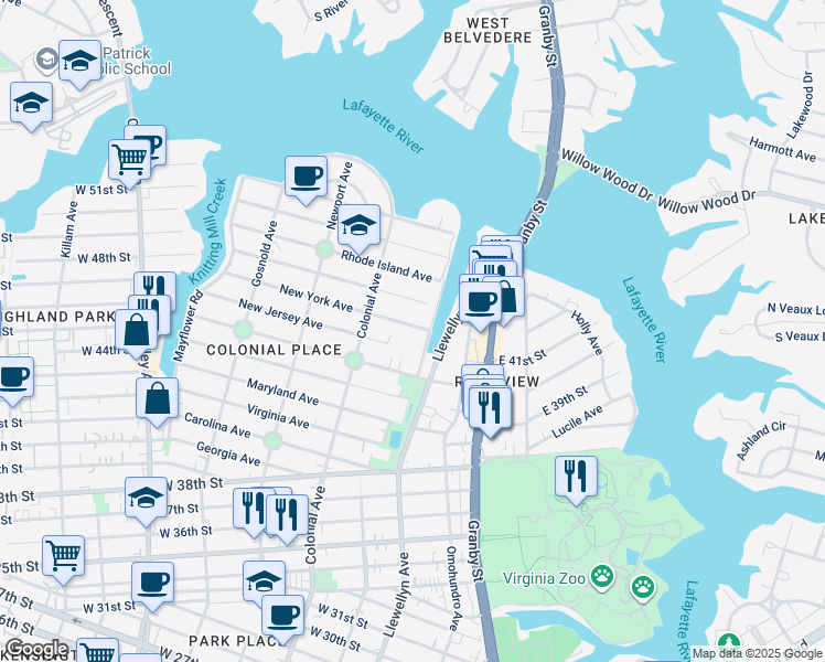 map of restaurants, bars, coffee shops, grocery stores, and more near 4703 Mayflower Road in Norfolk