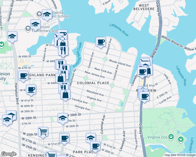 map of restaurants, bars, coffee shops, grocery stores, and more near 4516 Newport Avenue in Norfolk