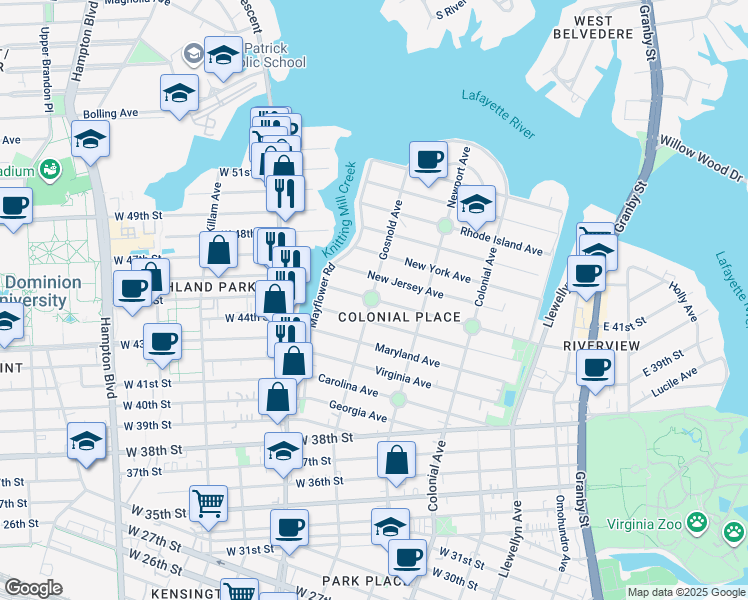 map of restaurants, bars, coffee shops, grocery stores, and more near 710 Delaware Avenue in Norfolk