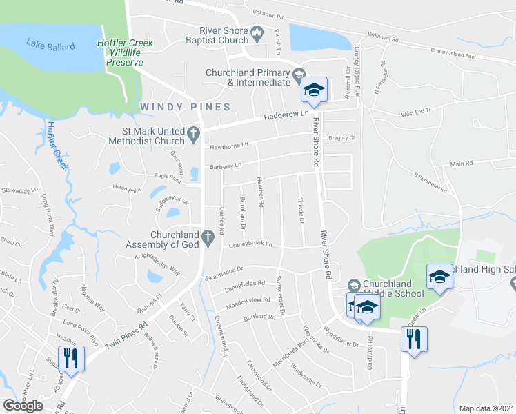 map of restaurants, bars, coffee shops, grocery stores, and more near 4221 Burnham Drive in Portsmouth
