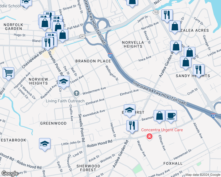 map of restaurants, bars, coffee shops, grocery stores, and more near 5123 Windermere Avenue in Norfolk