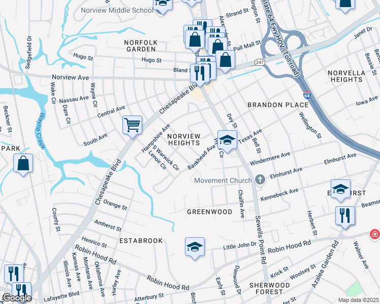 map of restaurants, bars, coffee shops, grocery stores, and more near 3512 Essex Circle in Norfolk