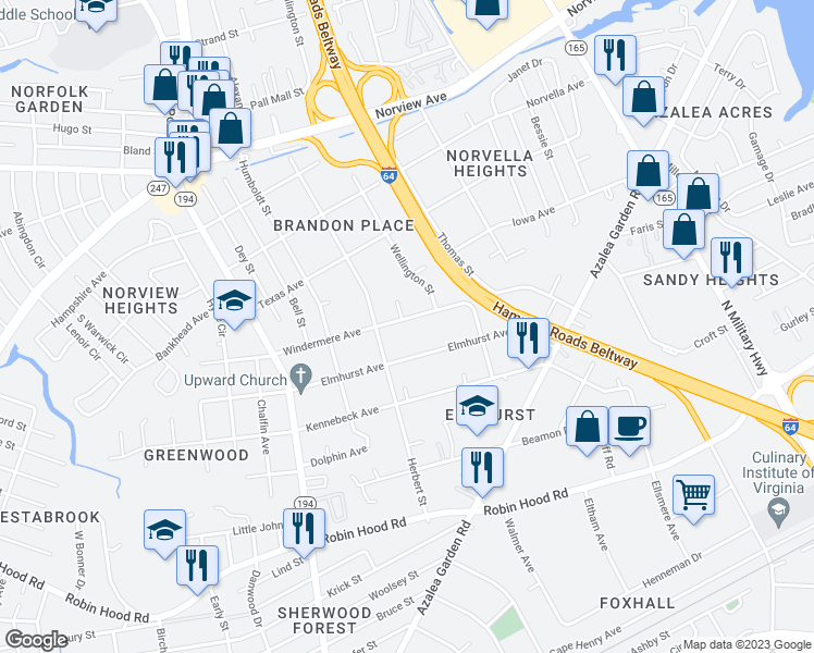 map of restaurants, bars, coffee shops, grocery stores, and more near 5123 Windermere Avenue in Norfolk