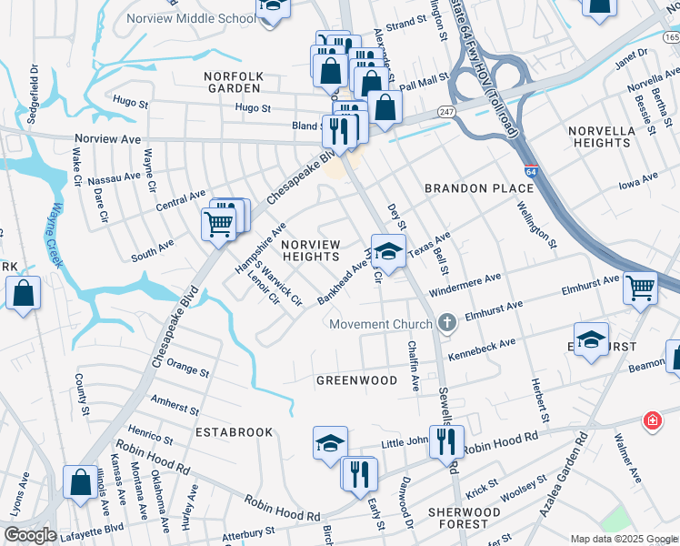 map of restaurants, bars, coffee shops, grocery stores, and more near 3512 Essex Circle in Norfolk