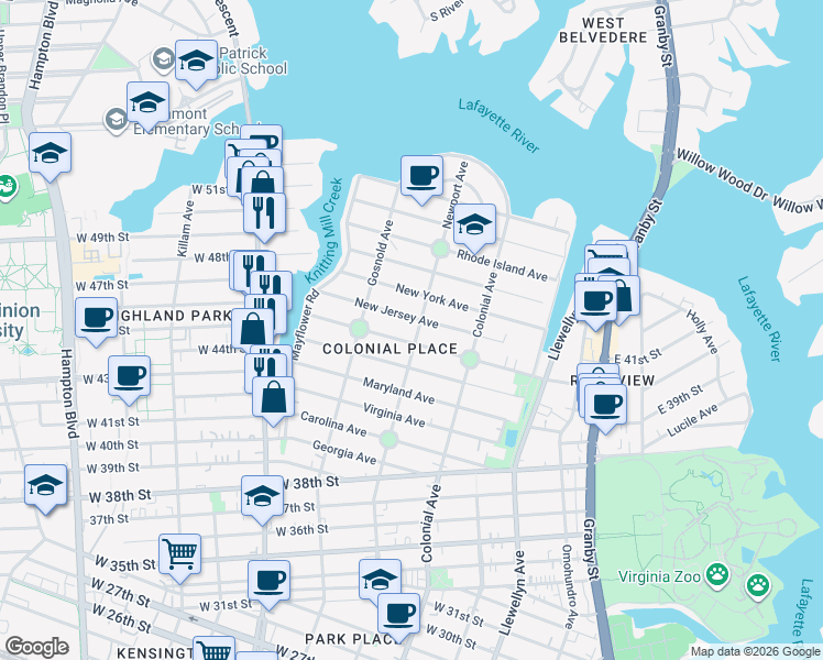 map of restaurants, bars, coffee shops, grocery stores, and more near 4516 Newport Avenue in Norfolk