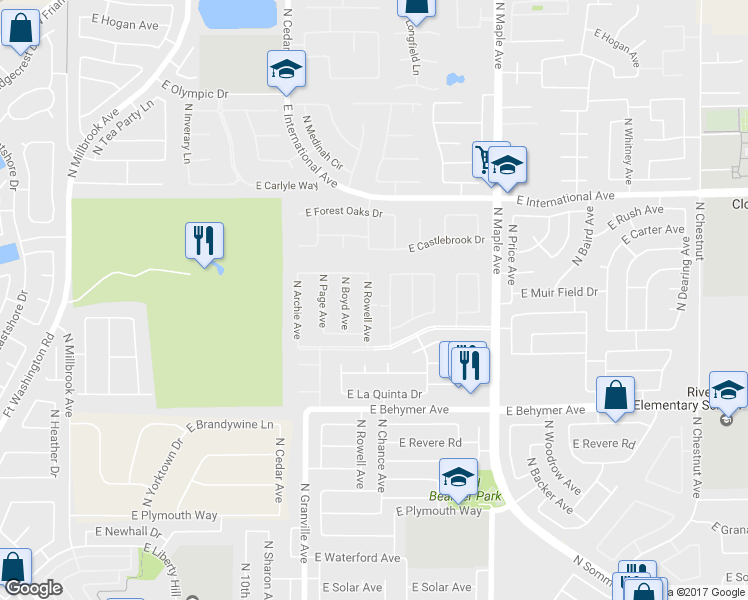 map of restaurants, bars, coffee shops, grocery stores, and more near 10270 North Rowell Avenue in Fresno