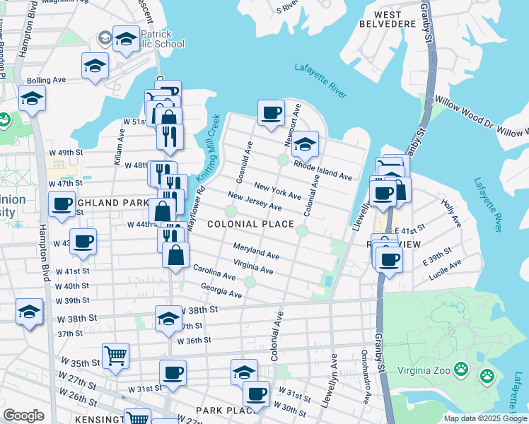 map of restaurants, bars, coffee shops, grocery stores, and more near 4511 Newport Avenue in Norfolk
