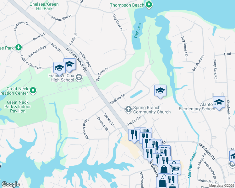 map of restaurants, bars, coffee shops, grocery stores, and more near 1505 Beringer Place in Virginia Beach