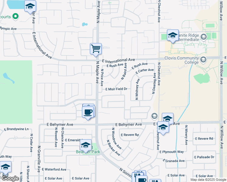 map of restaurants, bars, coffee shops, grocery stores, and more near 2143 East Muir Field Drive in Fresno