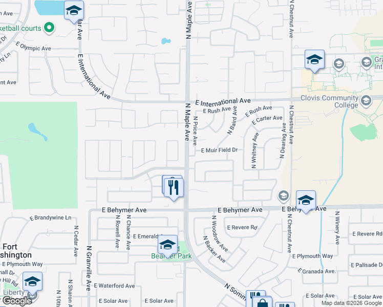 map of restaurants, bars, coffee shops, grocery stores, and more near 2047 East Muir Field Drive in Fresno