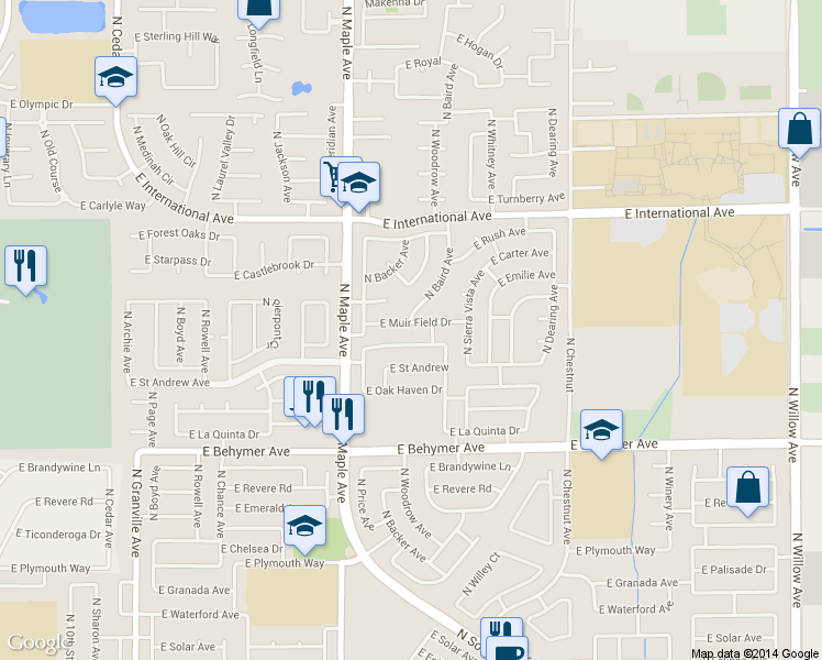 map of restaurants, bars, coffee shops, grocery stores, and more near 2143 East Muir Field Drive in Fresno