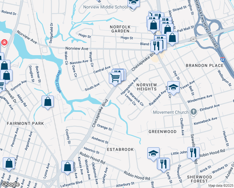 map of restaurants, bars, coffee shops, grocery stores, and more near 4550 Hampshire Avenue in Norfolk