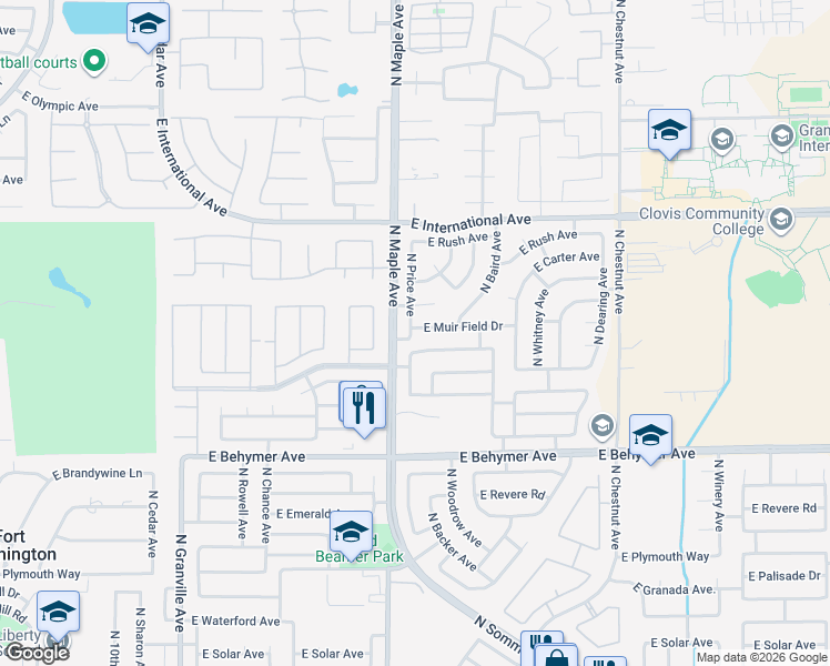 map of restaurants, bars, coffee shops, grocery stores, and more near 2047 East Muir Field Drive in Fresno