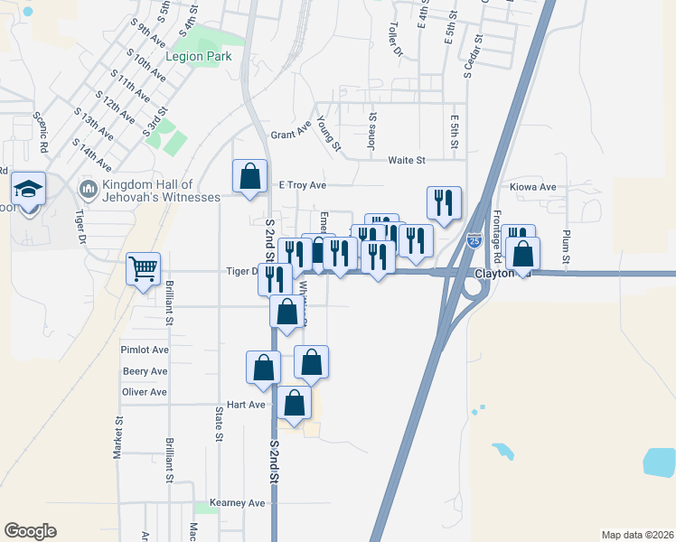 map of restaurants, bars, coffee shops, grocery stores, and more near 327 Clayton Road in Raton