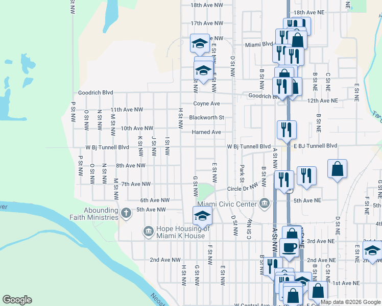 map of restaurants, bars, coffee shops, grocery stores, and more near 821 G Street Northwest in Miami