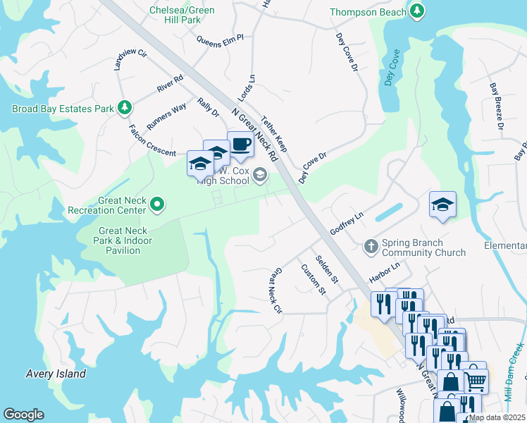 map of restaurants, bars, coffee shops, grocery stores, and more near 1505 Front Cove Court in Virginia Beach