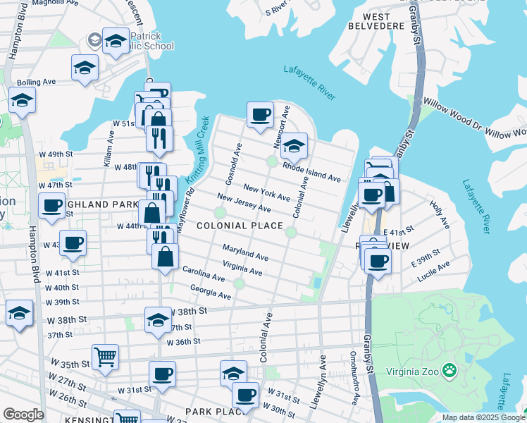 map of restaurants, bars, coffee shops, grocery stores, and more near 4516 Newport Avenue in Norfolk
