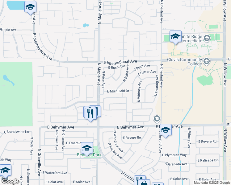 map of restaurants, bars, coffee shops, grocery stores, and more near 2143 East Muir Field Drive in Fresno