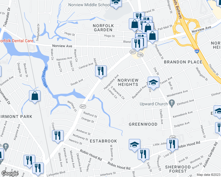 map of restaurants, bars, coffee shops, grocery stores, and more near 3616 South Warwick Circle in Norfolk
