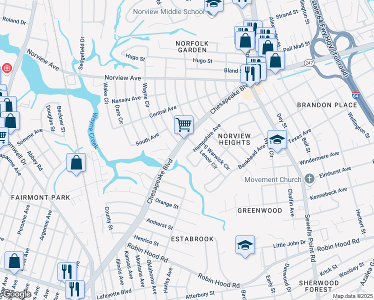 map of restaurants, bars, coffee shops, grocery stores, and more near 4550 Hampshire Avenue in Norfolk