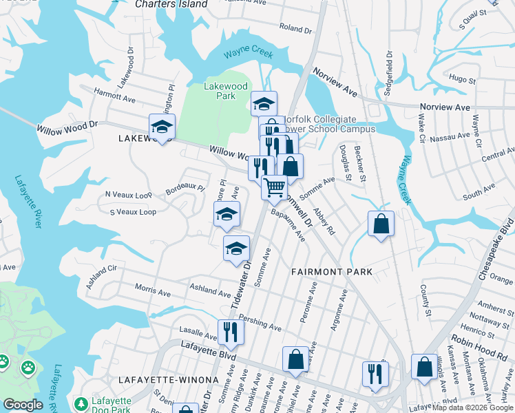 map of restaurants, bars, coffee shops, grocery stores, and more near 3514 Whitechapel Road in Norfolk